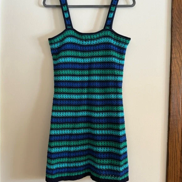 GAP Crochet Blue and Green Striped Mini Dress Preppy Bohemian Indie Bodycon - Picture 6 of 8